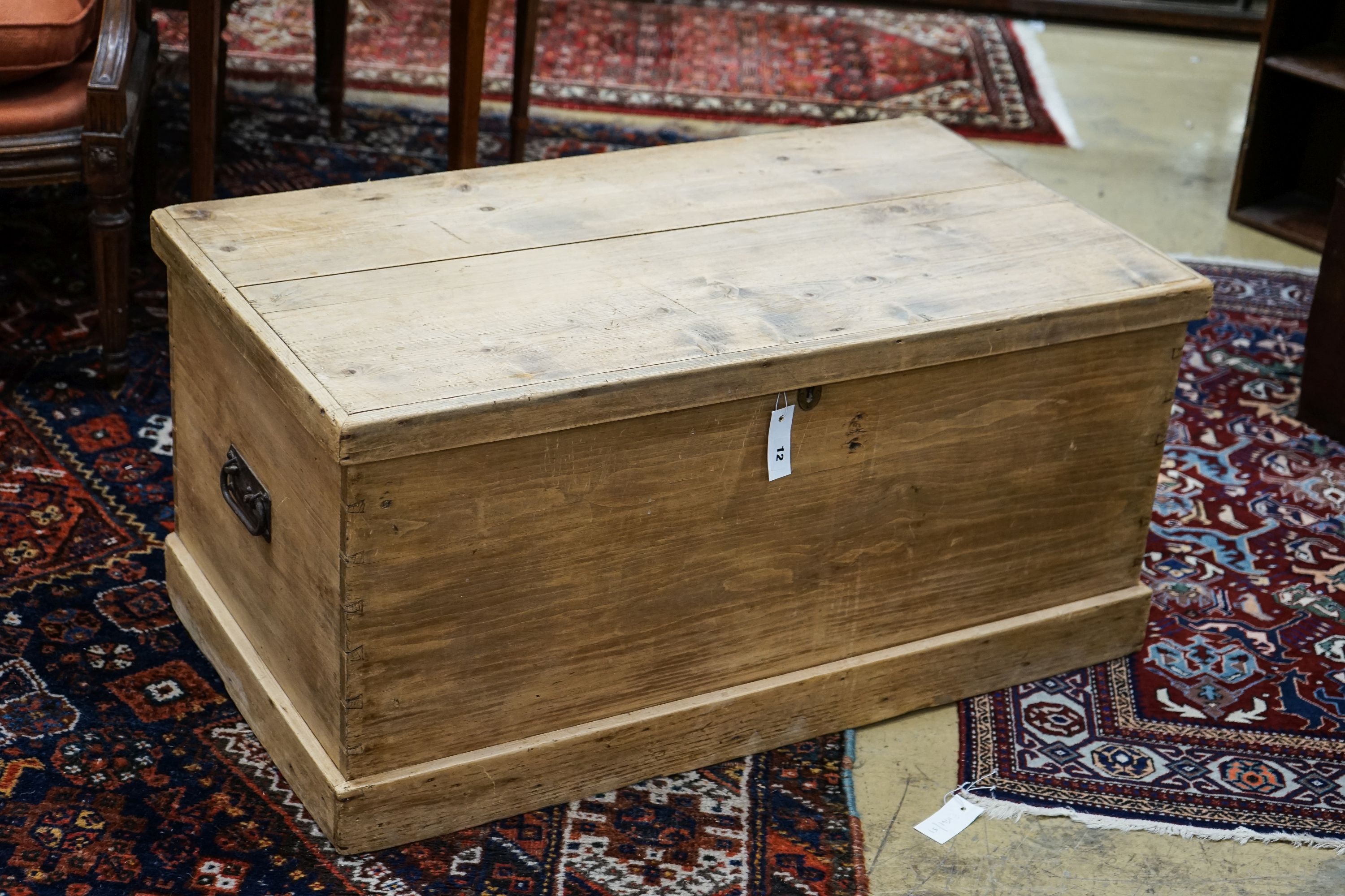 A Victorian rectangular pine trunk, length 96cm, width 52cm, height 45cm